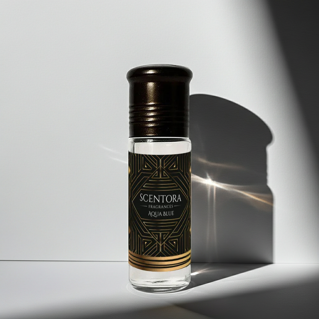 Scentora perfume bottle with black and gold design on a white background