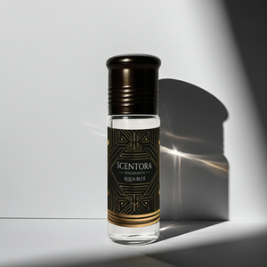 Scentora perfume bottle with black and gold design on a white background