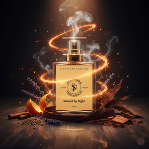 Perfume bottle with decorative elements on a dark background