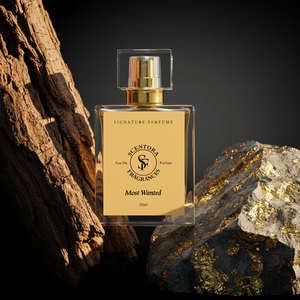 Perfume bottle labeled 'Scentora Fragrances' on a dark background with gold accents.