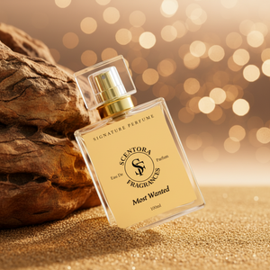 Scentora perfume bottle on a textured surface with a blurred bokeh background