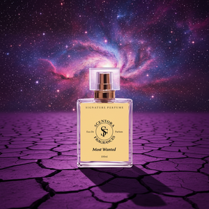 Perfume bottle labeled 'Signature Perfume' on a cracked surface with a cosmic background