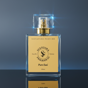 Perfume bottle with gold label on a reflective surface and dark background