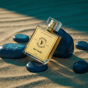 Perfume bottle labeled 'Red Vanilla' by 'Scentora Fragrances' on a sandy surface with blue stones.