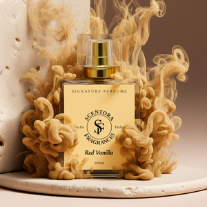 Scentora Fragrances Red Vanilla perfume bottle with smoke effect on a neutral background