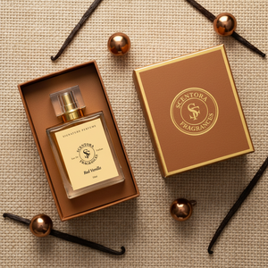 Santora Fragrances perfume bottle and packaging on a textured surface with vanilla beans.