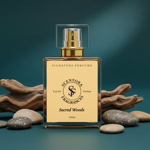 Perfume bottle labeled 'Sacred Woods' by Scentora Fragrances on a dark background with stones and driftwood.