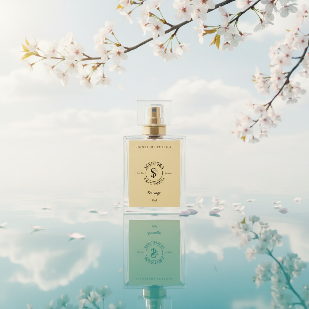 Perfume bottle with cherry blossoms in the background