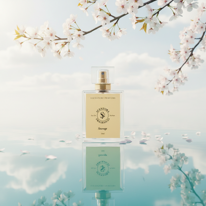Perfume bottle with cherry blossoms in the background