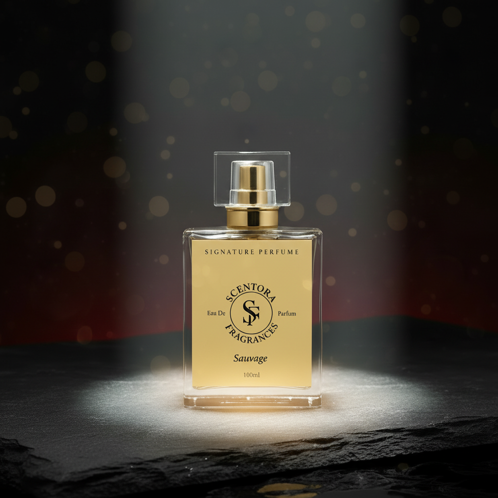 Perfume bottle with gold cap on a dark background