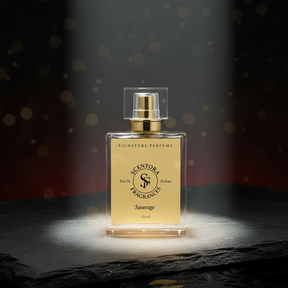 Perfume bottle with gold cap on a dark background